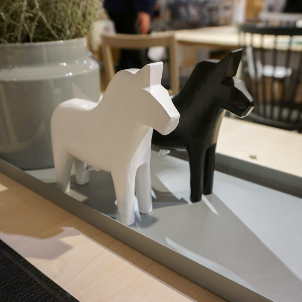 Clean and modern Dala horses at Norrgavel in Stockholm - minimalist souvenirs?